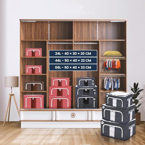 Image of 66 LTR Foldable Steel Frame Cloths Zip Organizer Bag and Oxford Fabric Storage Living Cover Boxes For Wardrobe Shelves Clothes, Sarees, Bed Sheet, Blanket (3-PACK)