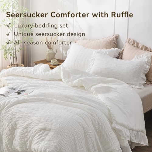 JOLLYVOGUE White Comforter Full Size, 3 Pieces Seersucker Lightweight Full Size Bedding, All Season Fluffy Microfiber Bedding Comforter Set with 1 Ruffle Comforter and 2 Ruffle Pillowshams