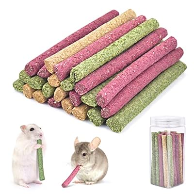 ERKOON 25 Pcs Timothy Grass Chew Sticks, Bunny Chew Toys for Teeth, Natural Timothy Hay Sticks Chinchilla Chew Toy for Rabbits, Guinea Pigs, Gerbil, Hamster, Three Flavors: Timothy + Oatmeal + Beet