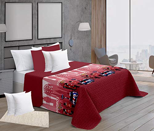 ForenTex Colchas Reversible Estampadas Lleva Funda 50x50 cm con Relleno Cojines Mullido, Londres Rojo, Pack Cama 90, 3