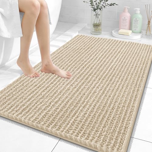Image of OLANLY Bathroom Rug Mat 40x32, Thick Soft and Absorbent Chenille Bath Mat, Non-Slip Rubber Backing, Machine Washable Quick Dry Bath Rugs for Tub Shower Floor, Home Decor Accessories, Beige
