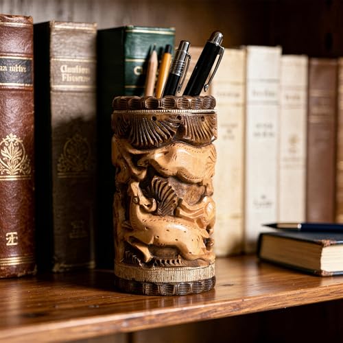 Image of Craft Trade 13x7 Cm Round Carved Wooden Pencil Pot Holder - Two Tone