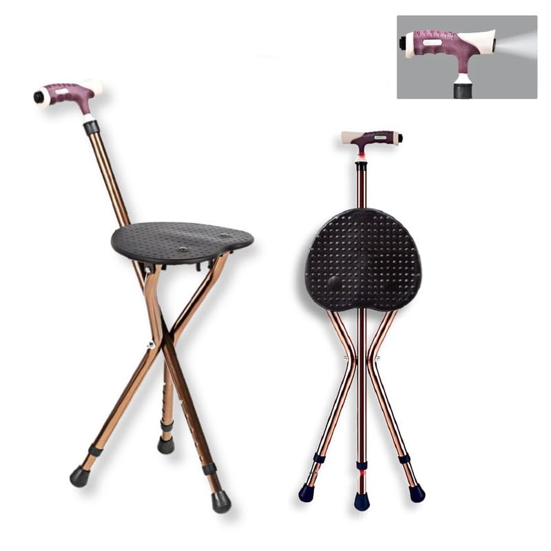 Image of Crysendo Height Adjustable Portable Walking Stick Chair with LED for Elders | Durable & Folding Cane Stool | Easy to Carry Chair Travel Hiking Hand Stick Cum Stool (Battery Included, Brown)