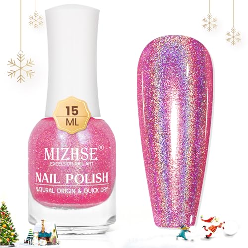 MIZHSE Holographic Nail Polish, Pink Glitter Nail Polish Air Dry Fast, 15 ml High Glossy Shimmer Nail Pigment Oil-based Laser Iridescent Nail Lacquer Chrome Halo Nail Art Salon Manicure Home