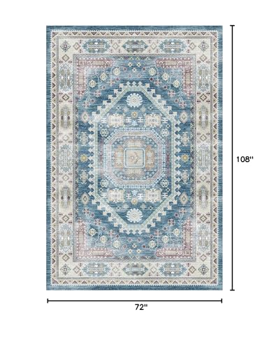 vivorug 6x9 Area Rug, Ultra-Soft Washable Rug for Living Room, Dinner Room, Bedroom, Non-Slip Vintage Medallion Rug, Indoor Carpet Large Area Rug, Blue