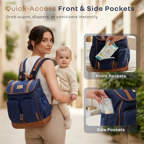 Image of R for Rabbit Caramello Bold Hazel Diaper Bag for Moms, Premium Vegan Leather Baby Travel Bag with Insulated Bottle Pockets, 10 Multi-Purpose Pockets Maternity Backpack, 37 Litre Capacity (Blue Brown)