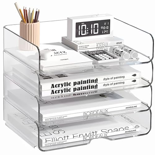 Image of 4-Tier Paper Organizer for Desk, Stackable Desk Organizer Paper Tray, Ideal for Office Supplies,A4 Storage (Clear, 4-Tier Widened)