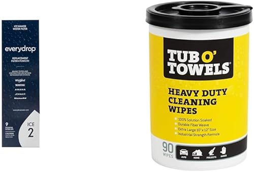 Everydrop by Whirlpool Filtro de hielo, F2WC9I1, paquete individual y toallas TW90 de alta resistencia de 10 x 12 pulgadas, toallitas de limpieza