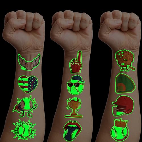 Image of 96 PCS Baseball Pre-Cut Luminous Glow in the dark Temporary Tattoos | Super Cute Baseball Themed Birthday Party Favors, Supplies, Decorations, Sports Fake Tattoo Stickers Gifts for Boys Girls