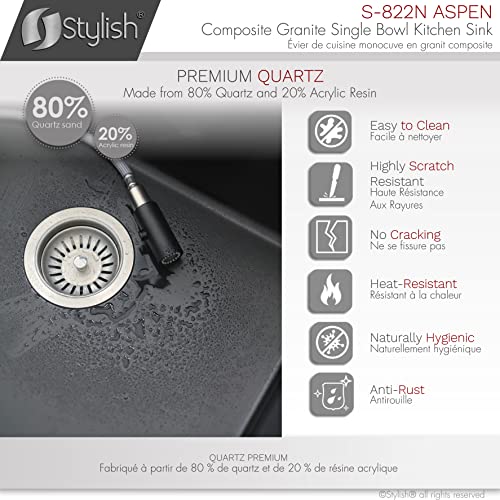 Stylish Dual Mount Granite Composite Single Bowl Bar Sink With Regular Strainer (22" L X17.5" W, Black) S-822N #TOP2