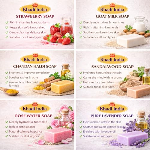 Image of Khadi Organic and Natural Handmade Bathing Soap for Men & Women By Bhudevam Naturals | Assorted Herbal & Chemical-Free Face and Body Soap for Gentle Cleansing & Healthy Skin (Assorted Bathing Soap (Pack of 6))