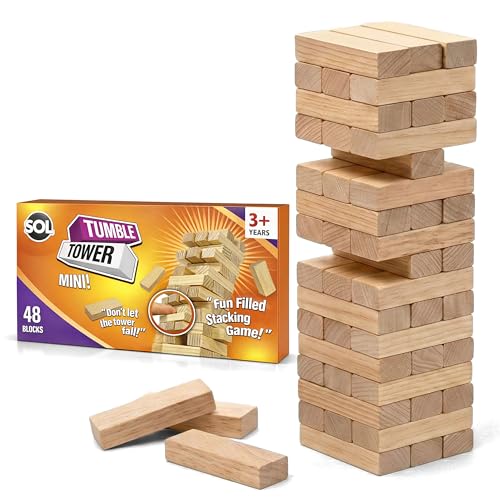 SOL Mini Tumble Tower, Wooden Stacking Tumbling Blocks, Balancing Game for Kids and Adults, Travel Size Classic Table Entertainment, Indoor and Outdoor Fun for Family, Children and Friends