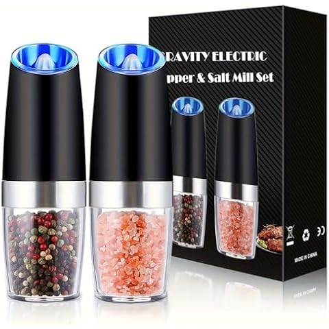 2pcs Electric Salt & Pepper Grinder Set - Gravity-Driven, LED Illuminated, Adjustable Coarseness, One-Handed Operation, Stainless Steel Finish, Battery-Powered for Effortless, Modern Cooking (Black) Cover