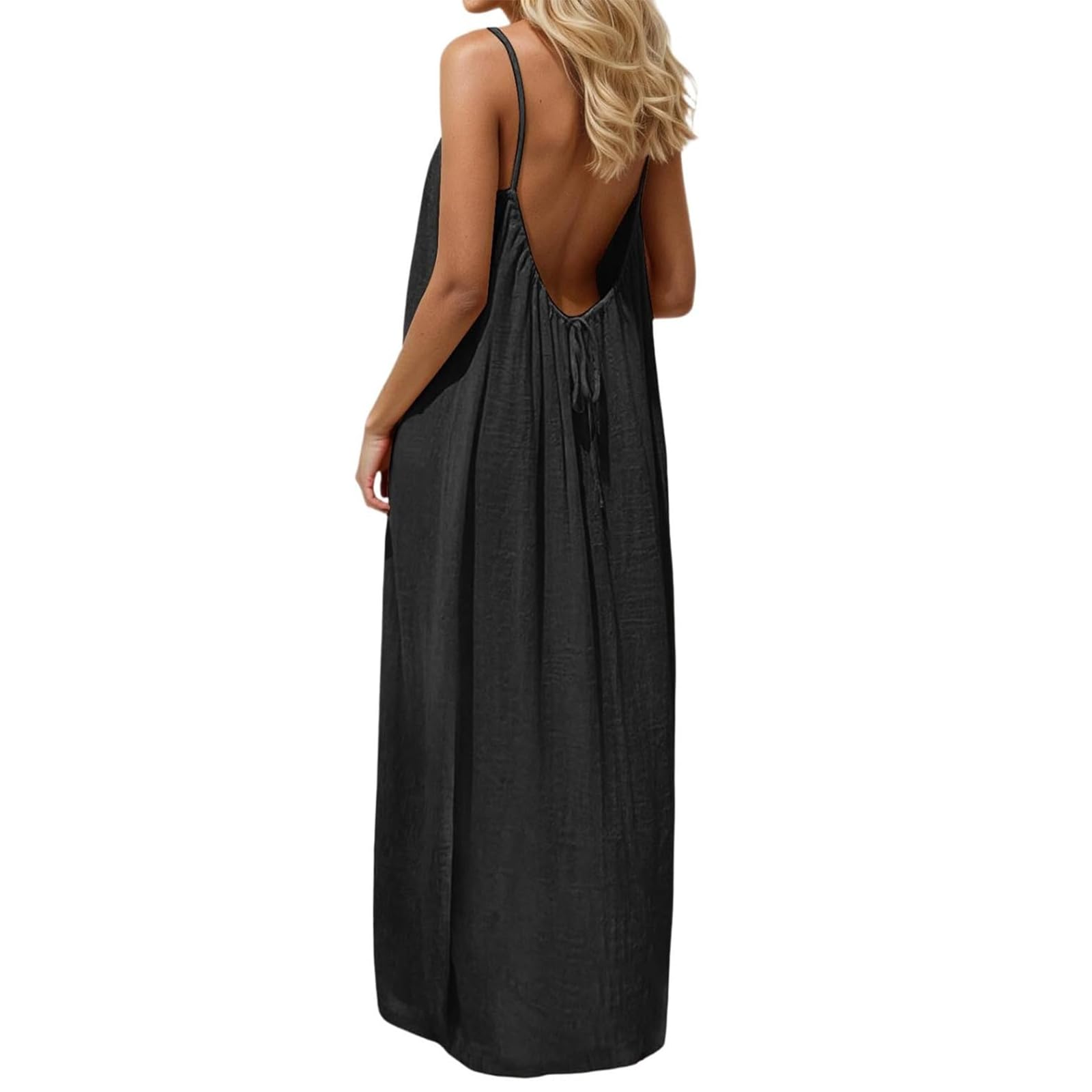 Yuchifa Women's Black ’S Solid Color Backless Cami Dress Sleeveless Spaghetti Strap Flowy Summer Sundress (,M)