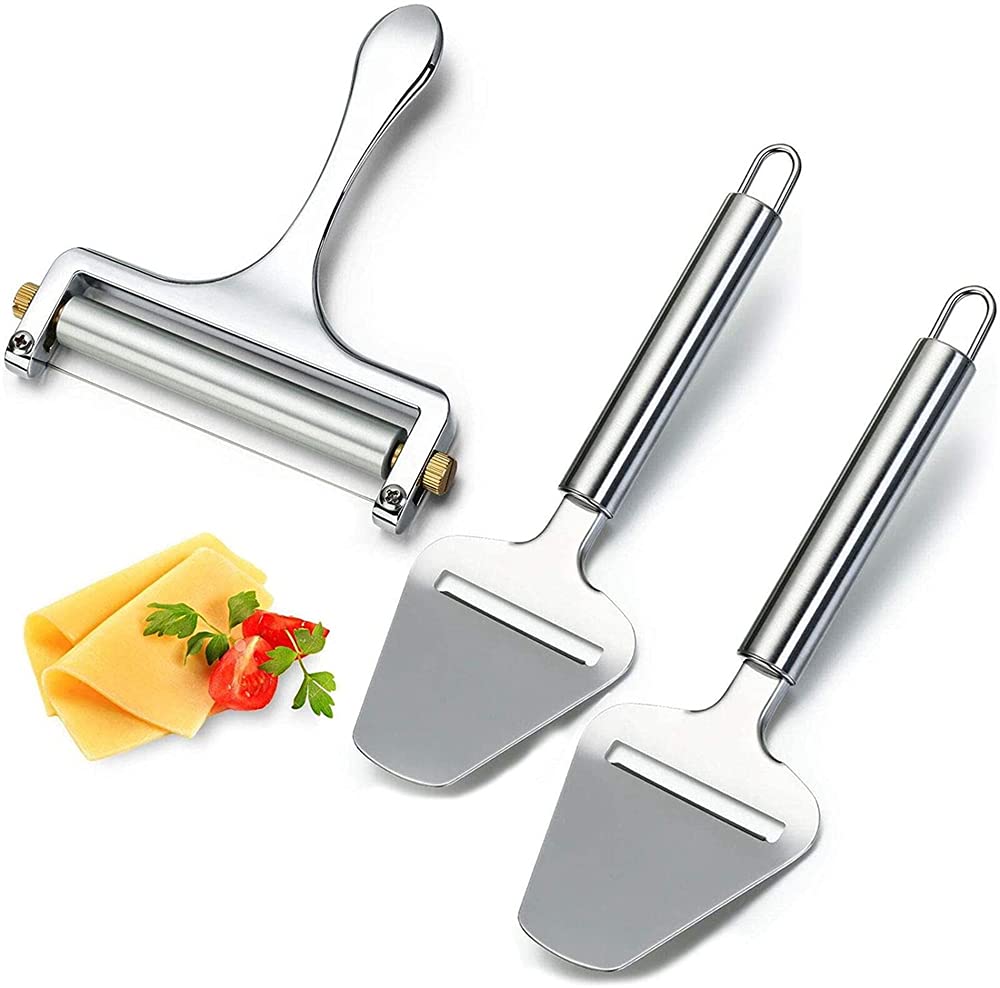 ELECDON2 Pieces of Stainless Steel Cheese Spatula and 1 Piece of Cheese Planer Slicer, Special Knife for Household Cheese, Flat Cheese Slicer for Soft, Semi Hard and Hard Cheese, Perfect Cooking Tool