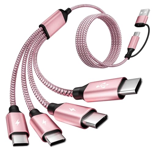 Jogrytece 4 Type-C 4-in 2 Multi Charging Cable 5FT, Travel Essential for Airplane & Cruise Trips, USB A/C to 4 USB C, Compatible for iPhone 17-8, Android, iPad, Galaxy, Tablet