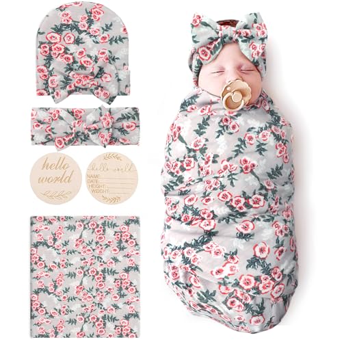 Image of DRESHOW BQUBO Baby Girl Newborn Floral Receiving Blankets with Bow Hat Headband Wooden Birth Announcement Card Set Newborn Baby Swaddling Hats Swaddle Blanket Toddler Warm Shower Gift