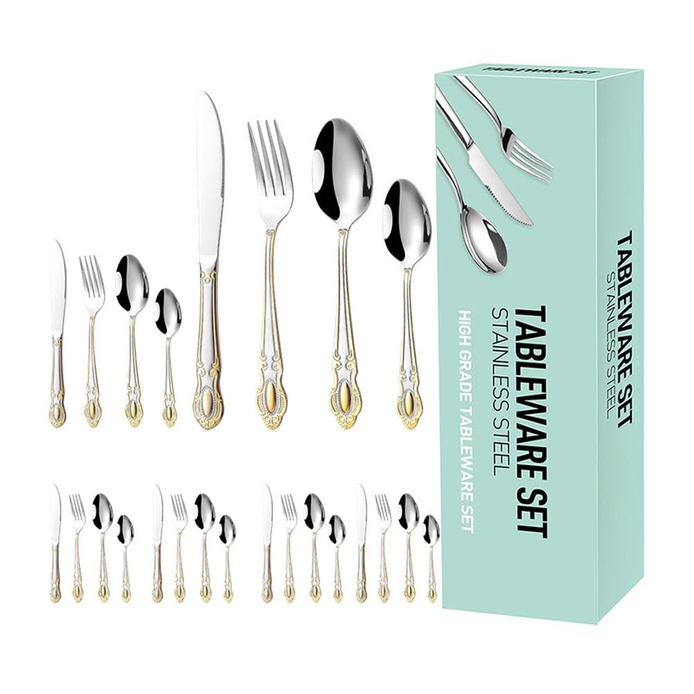 Cuberterías Juego De Cubiertos De 24 Piezas, Juego De Cubiertos De Cuchillo/Tenedor/Cuchara De Estilo Europeo, Juego De Vajilla De Acero Inoxidable, Cubiertos para Carne De Cocina Y Restaurante
