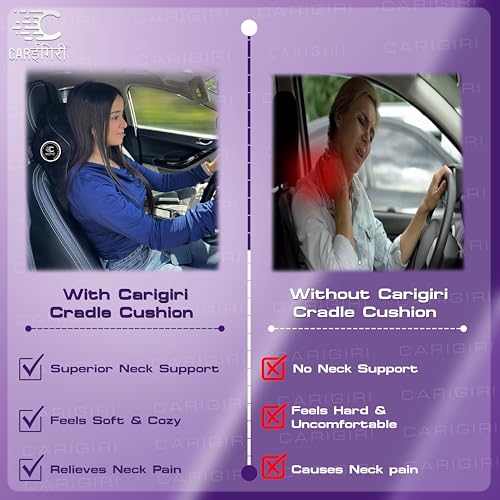 Image of Carigiri Cradle Car Neck Rest Cushion|1 Year Warranty| Memory Foam Neck Pillow| Seat Headrest Cushion| Car Neck Pillow for Neck Pain Relief in Office, Driving(Large+,Black,Black Hemming,Pack of 1)