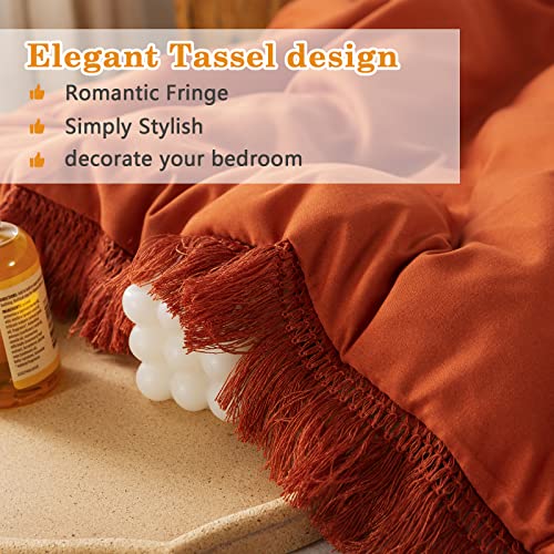 Andency Terracotta Queen Comforter Set, 3 Pieces Burnt Orange Boho Tassel Lightweight Bedding Comforter Sets, All Season Rust Soft Fluffy Fringe Bed Set (90X90In Comforter & 2 Pillowcases) #TOP3