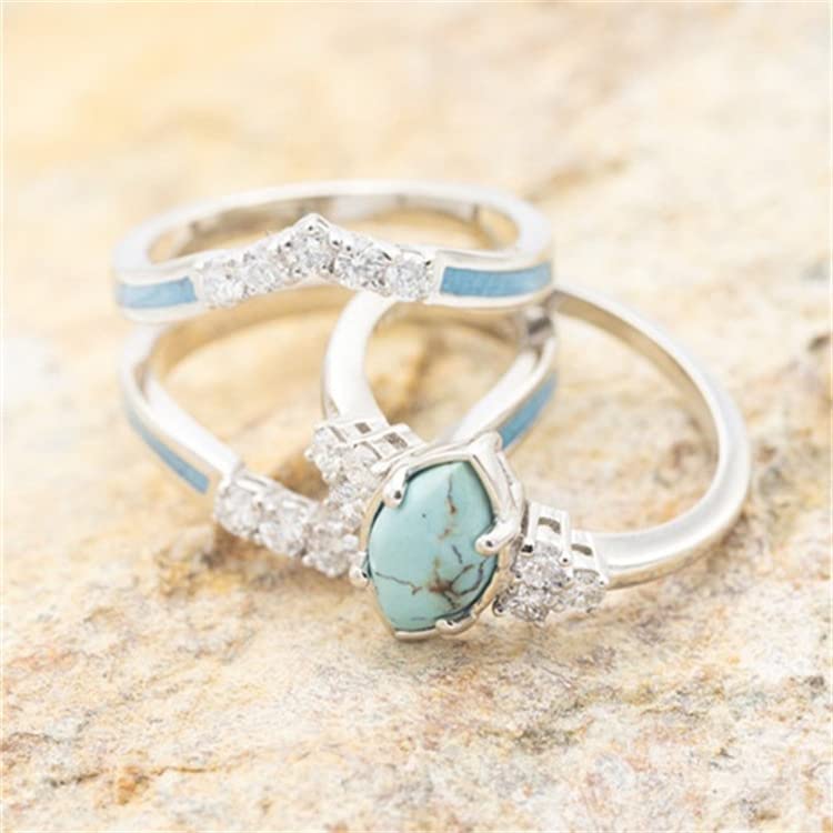 Pingyongchang 3 PCS Ring Set Natural Turquoise Diamond Rings Turquoise Gold Color Rings for Women Turquoise Jewelry Sparkling Natural Gemstone