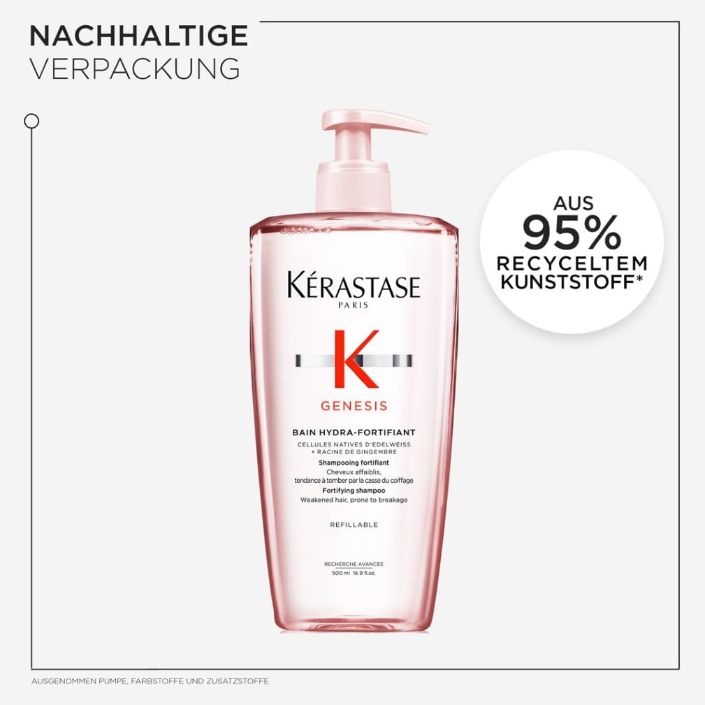 Kérastase Genesis Bain Hydra-Fortifiant Nachfüllset, Kräftigendes Shampoo bei Haarverlust durch Haarbruch, Enthält: Genesis Bain Hydra-Fortifiant 500 ml im Pumpspender sowie 500-ml-Nachfüllpackung