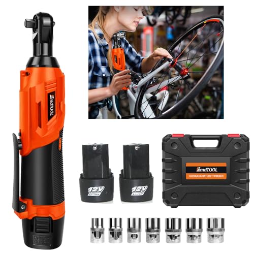 DayPlus Akku-Elektrischer Ratschenschlüssel-Set mit 2 x 1.5Ah Batterien, 12V Elektrowerkzeug-Elektrischer Schraubenschlüssel 3/8" Sq Antrieb, Akku-Ratsche 90° Winkelschlüssel, 7-Steckdosen, Orange