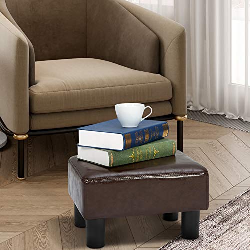 ECOTOUGE Small Foot Stool Ottoman PU Leather Foot Rest for Chair Low Ottoman Modern Rectangle Seat Chair Footstool, Brown