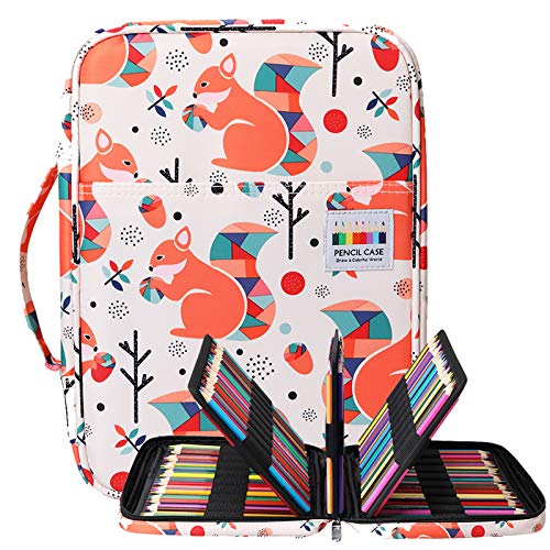 BOMKEE Trousse à Crayons colorée 220 Slots Portable Dessiner Peindre Pochette Sac de Rangement étanche Multicouche pour stylos Aquarelle pour Enfants et Adultes (écureuil)