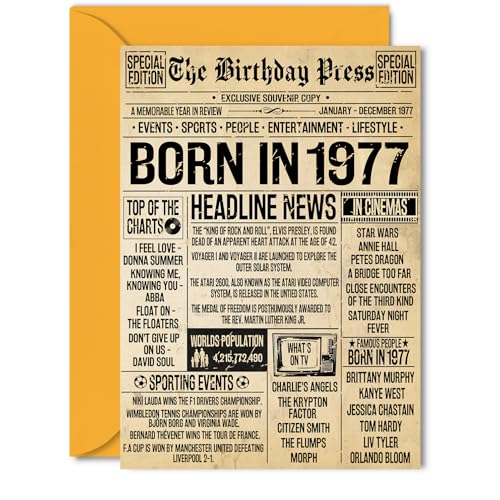 49th Birthday Card for Women Men - Bday Press Newspaper 1977 - Happy 49 Birthday Cards for Uncle Friend Niece Nephew Neighbour Cousin, 5x7 Inch Bday Greeting Cards