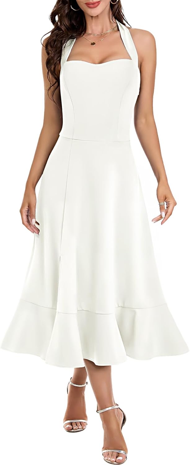 DRESSTELLS Women's Halter Cocktail Dresses 2025 Wedding Guest Formal Prom Bridesmaid Tea Length Split Ruffle Summer Dress