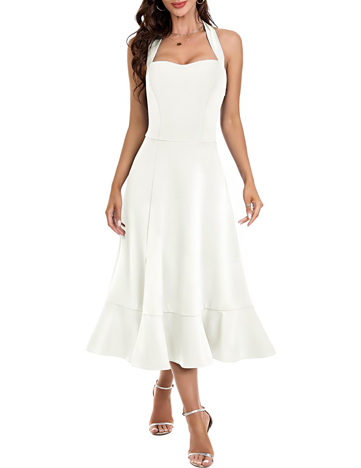 DRESSTELLS Women's Halter Cocktail Dresses 2025 Wedding Guest Formal Prom Bridesmaid Tea Length Split Ruffle Summer Dress Size XL 