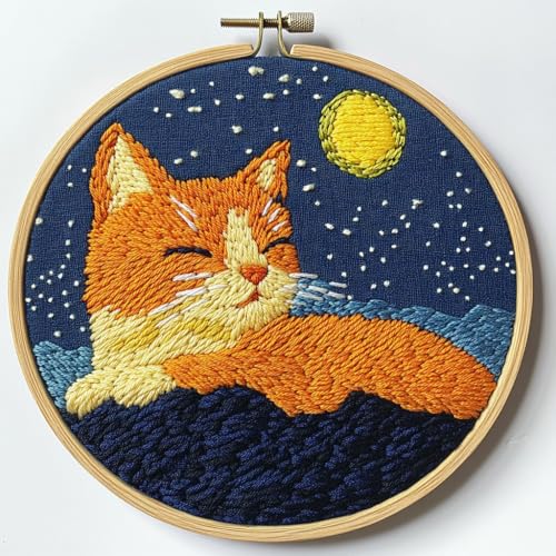 Image of DIY Punch Needle Kit Orange Cat with Hoop 20x20cm | with Pattern Stamped Easy for Beginners Embroidery Punch Needle Starter Craft Set for Adults Festival Gift and Decoration