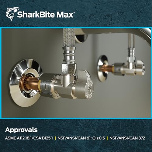Image of SharkBite Max 1 /2 x 3 /8 Inch Compression Angle Stop Valve, Quarter Turn, Push to Connect Brass Plumbing Fitting, Brushed Nickel Finish, PEX Pipe, Copper, CPVC, PE-RT, HDPE, UR23036BN