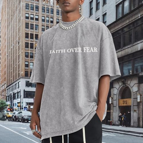 Image of Christian Faith Over Fear Shirt for Men Jesus Religious Shirts Oversized Graphic Tees Acid Wash God T-Shirt