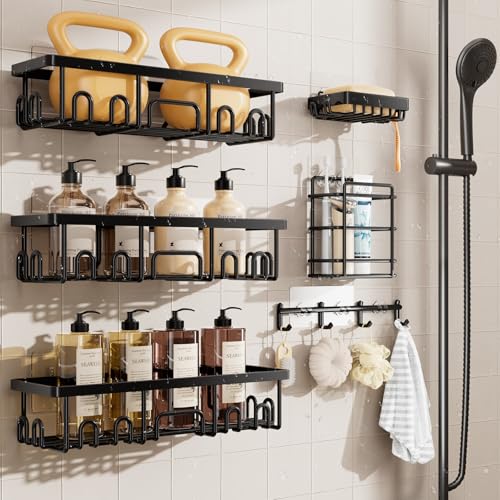 Image of Veken Shower Caddy 6-Pack, Advanced Rustproof Design, No Drilling Adhesive Shelves, Rack with Soap Holder, Large Capacity Bathroom Organizers and Storage, Wall-Mounted Kitchen & Home Decor, Black
