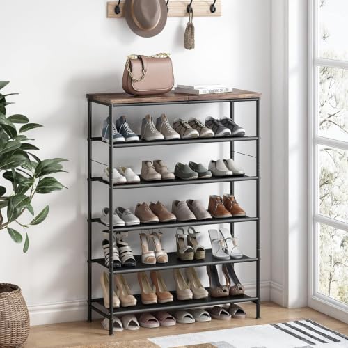 Image of INGIORDAR Shoe Rack Organizer 6 Tier Metal Organizer Shelf with Industrial MDF Board and Layer Fabric for Entryway Closet Bedroom Living Room Garage,Black & Rustic Brown (Black+Rustic Brown, 6 Tier)