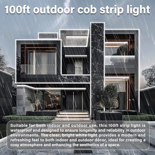 Image of 100ft COB Outdoor LED Strip Lights Waterproof,Dimmable 6500K Bright White,IP68 Outside Led Light Strips Waterproof with App Remote Control,Music Sync Exterior Led Rope Lights