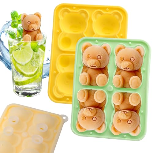 APOMOONS 2 Piezas Cubiteras para Hielo con Tapa, 4 Compartimentos Oso 3D Cubitera Silicona, Reutilizable Cubitos de Hielo para Whisky Cóctel Zumo Café Leche, Amarillo, Verde