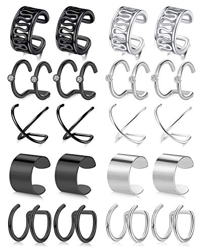AceFun 10 Paare Ohr Manschette Ear Cuff Silber schwarz 18G Chirurgenstahl Ohr Fake Piercing Helix Knorpel Clip auf Ohrringe Nicht Piercing Knorpel Ohrringe für Damen Mädchen Cover