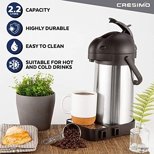 Cresimo 74 Ounce (2.2 Liter) Airpot Thermal Coffee Carafe/Lever Action/Stainless Steel Insulated Thermos / 12 Hour Heat Retention / 24 Hour Cold Retention (Airpot with Drip Tray)