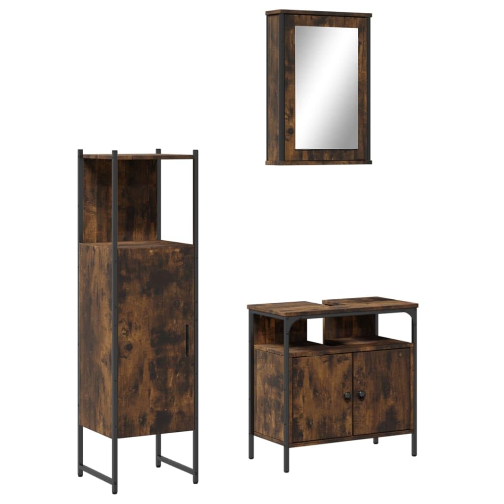 Set di 3 mobili da bagno con armadietto a specchio, effetto rovere