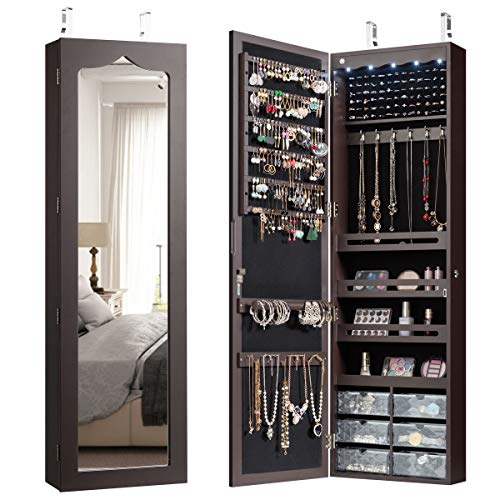 CHARMAID 5 LEDs Jewelry Armoire Wall Mounted/Door Hanging Mirror, Lockable Jewelry Cabinet