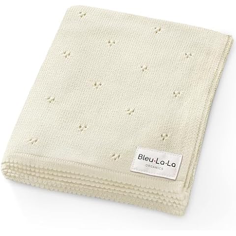 Bleu La La Organic Unisex Pointelle Receiving Swaddle Blanket for Boys & Girls - 100% Luxury Organic Soft Cotton Knit Warm Cuddle Stroller Crib Blanket for Newborns, Infants, & Toddlers (Butter Cream) Cover