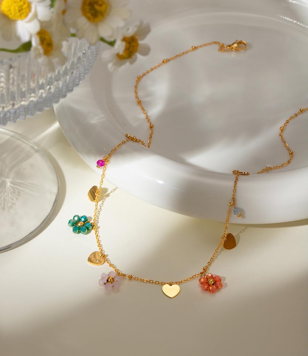 Flower Heart Charms Beaded Choker Neckalce for Women Stainless Steel Love Hearts Daisy Flower Adjustable Chain Necklaces Cute Jewelry Gifts Birthday - Image 7