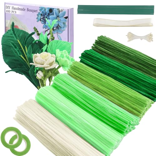 Image of 400 Pcs Pipe Cleaners, Pipe Cleaners Craft, Pipe Cleaner Flowers Crafting | 6 Colors Cleaner with 20 pieces Green Craft thread, Ribbon, Tape,DIY Art and Craft Projects Creative Gift (Green)