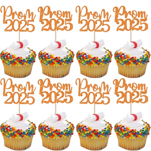 24 Pack Prom 2025 Graduation Cupcake Toppers Glitter 2025 Prom College Cupcake Picks for Congrats 2025 Graduation Class of 2025 Theme School Party Cake Decoration Supplies Orange