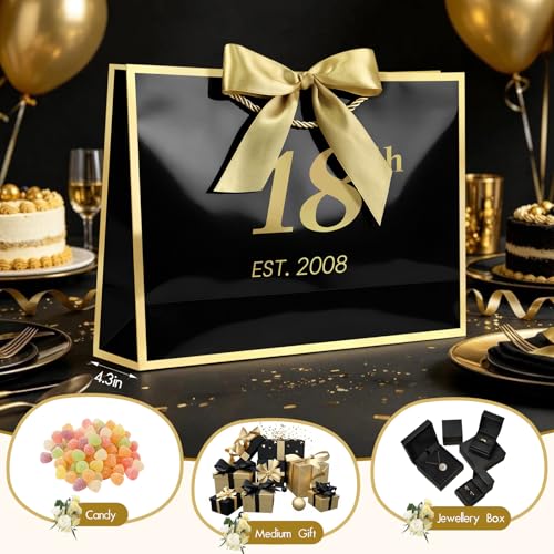 Image of JMANNI 18th Birthday Gift Bag with Card and Tissue Paper for Men Women Him, 13 inch Elegant Black Gold Anniversary Keepsake Party Present Shopping Paper Bags for Gifts Wrapping (EST.2008 /Black /Medium)