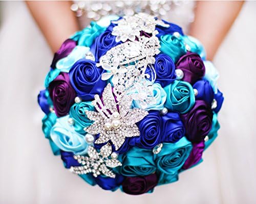 Miniatura 4 de Ramo de novia sosteniendo flores, ramo de novia nupcial romántico y colorido con rosas, ramos de novia en púrpura y rosa (azul teja púrpura)