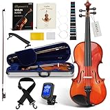 AKLOT Handcrafted Full Size Violin: Solid Wood Glossy Fiddle, Acoustic Beginner 4/4 Violin Kit with Hard Case, Lesson Book, Bow, Shoulder Rest, Extra Strings, Tuner, Fretboard Stickers (VRT-AmiOB)